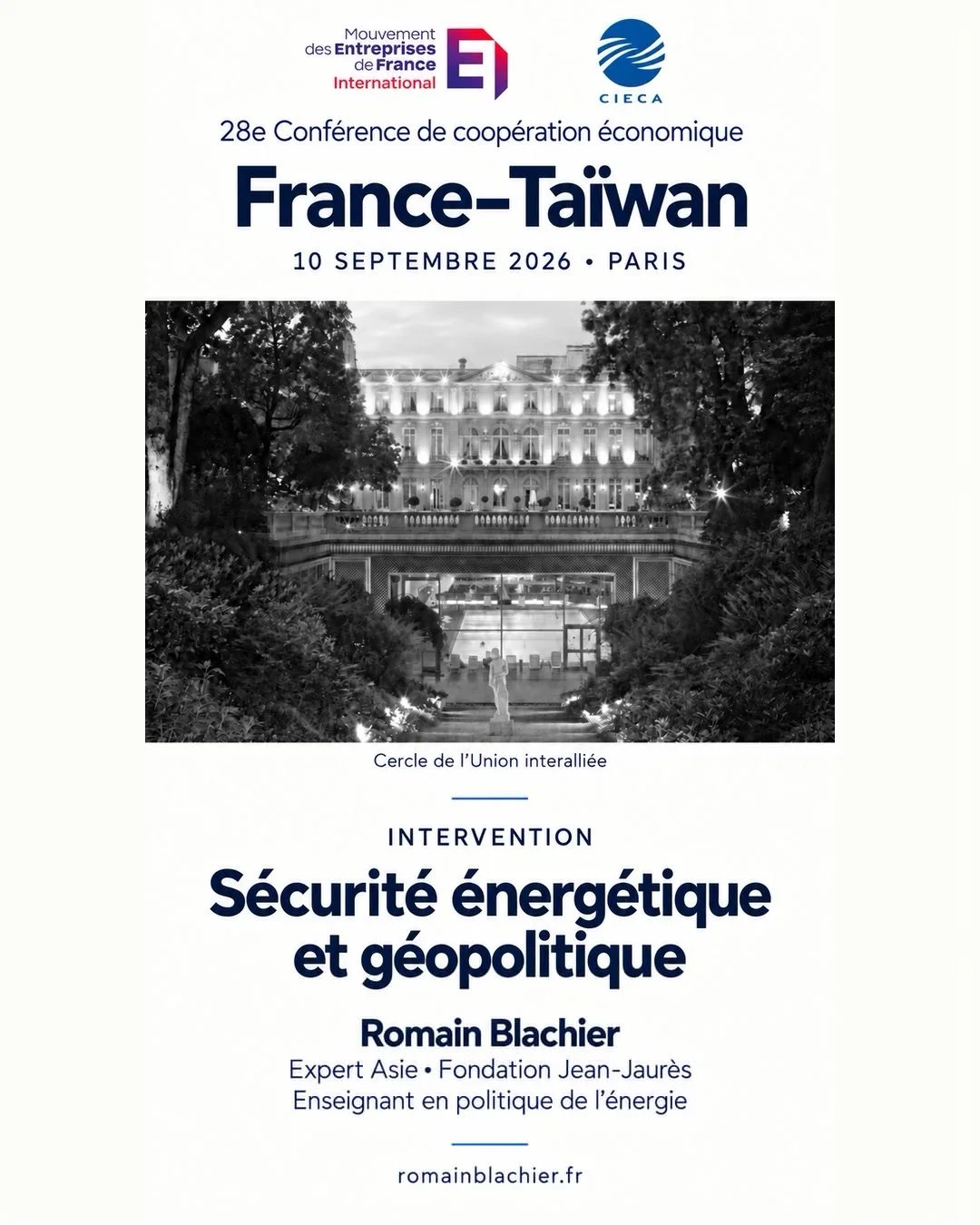 Affiche de la conférence France–Taïwan du 10 septembre 2026 à Paris : intervention de Romain Blachier sur la sécurité énergétique et la géopolitique.